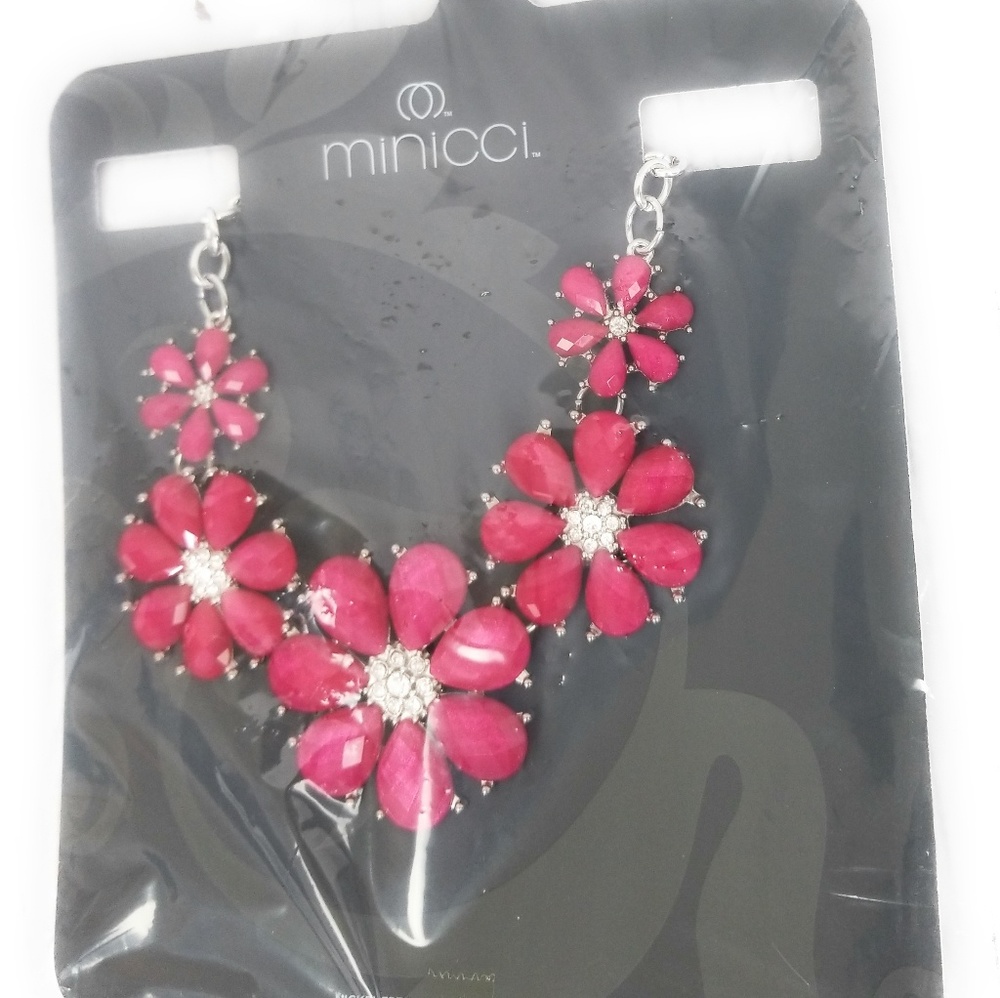 Silver Chain with Pink Flower White Stone Necklace